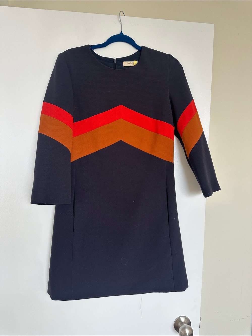 ba&sh Black Mini Dress with Red and Brown Chevron Stripes
